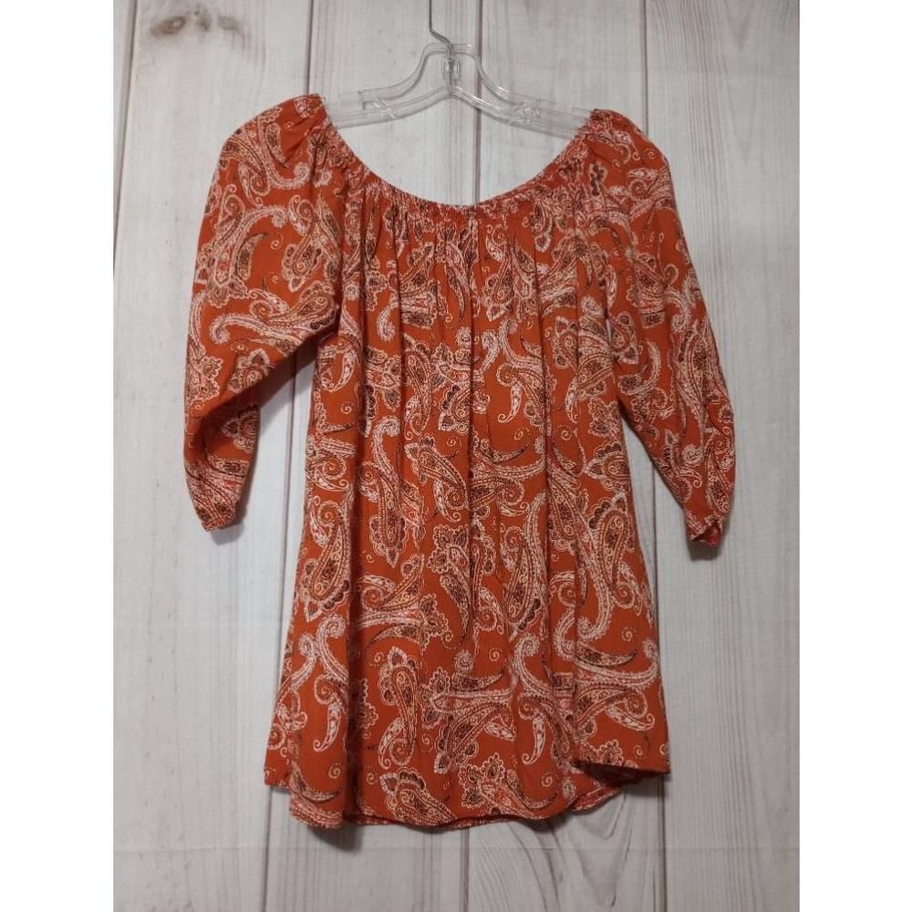 NY Invasion Shirt Ladies 1x Orange Paisley 3/4 Sleeve Light‎ Weight